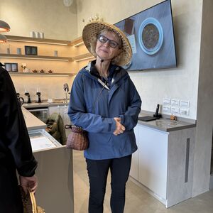 Deborah looking very chic in her tea picking garb